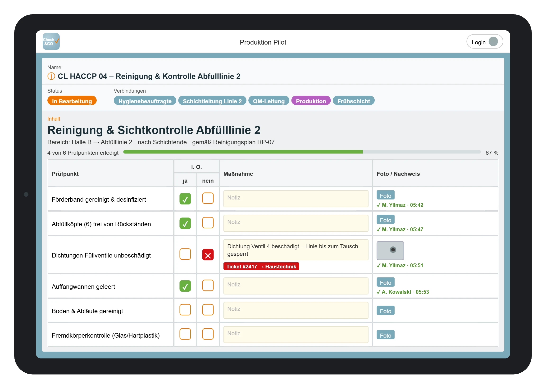 Check&GO filling line cleaning checklist (sample view)