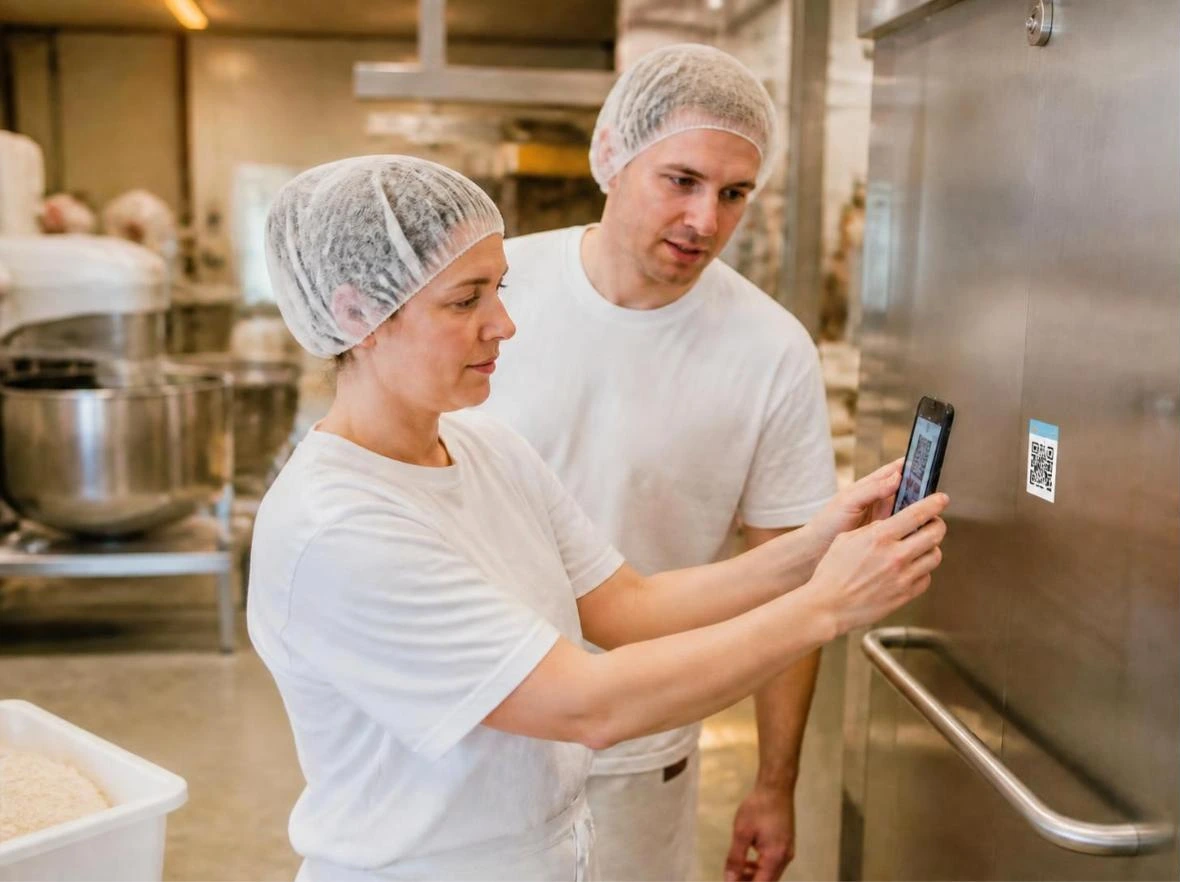 Employee scans a QR code on a machine in food production