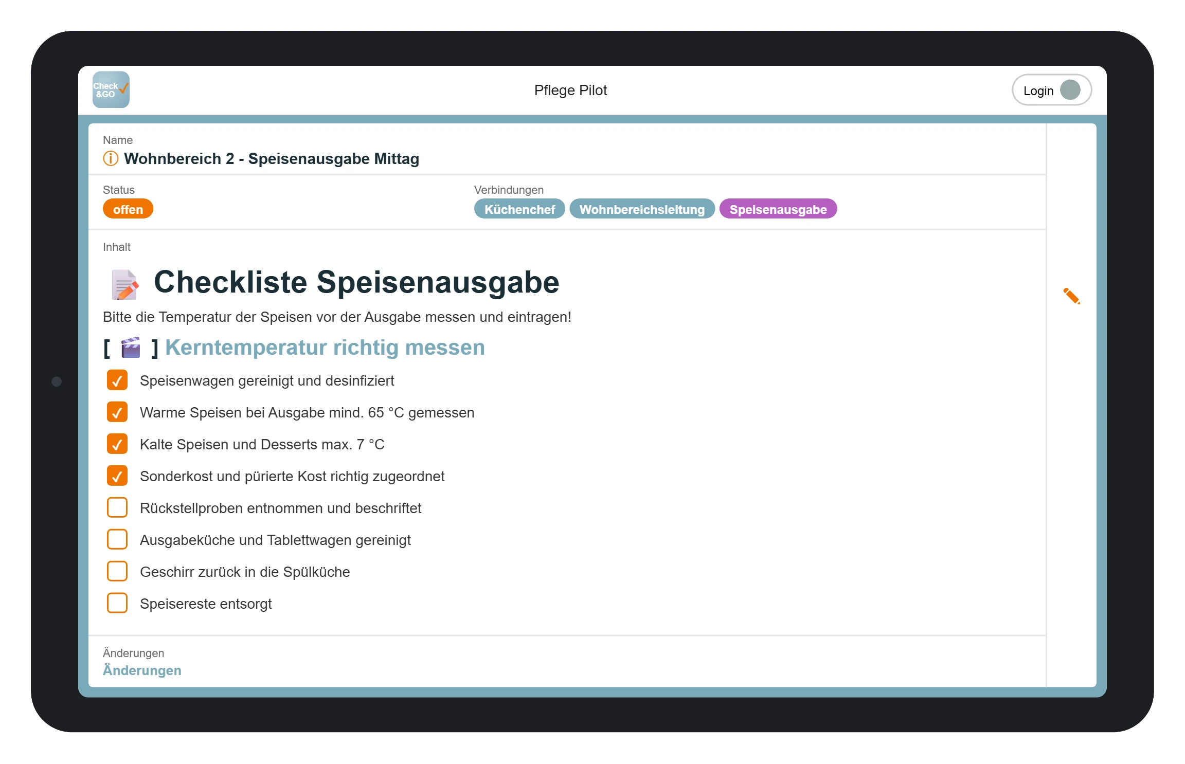 Check&GO meal service checklist (sample view)