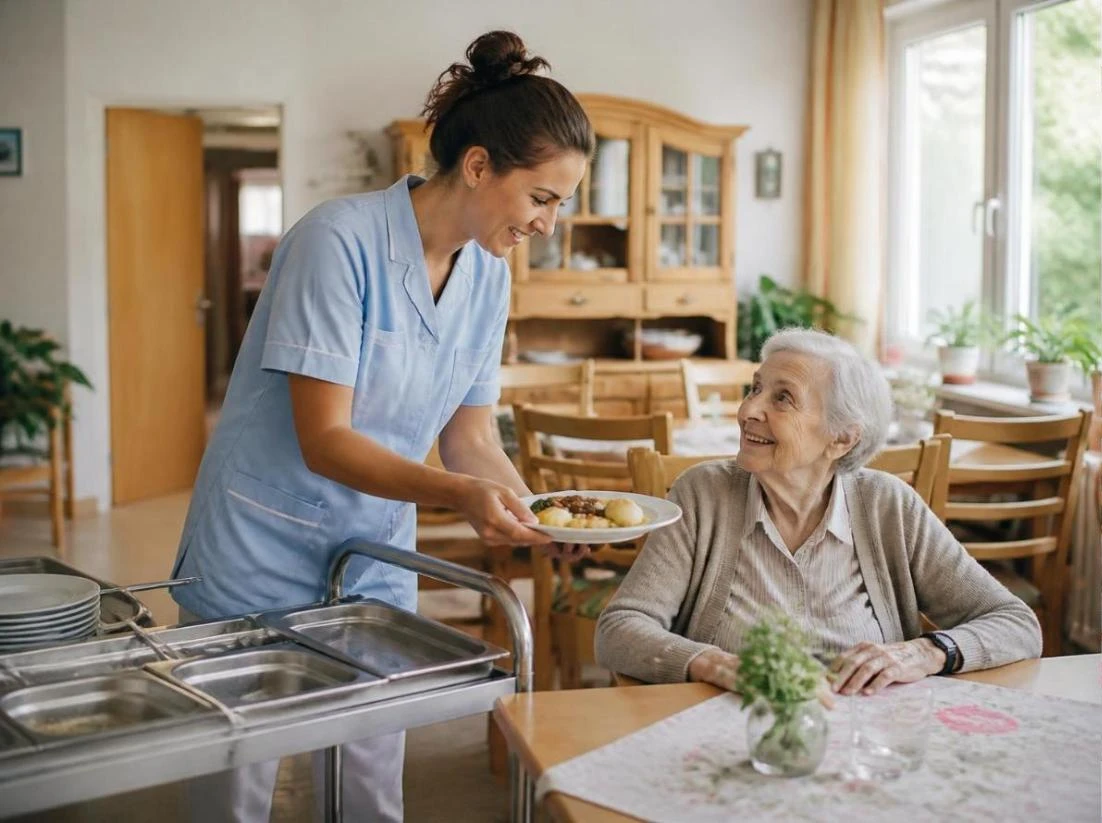 Carer serves lunch to a resident