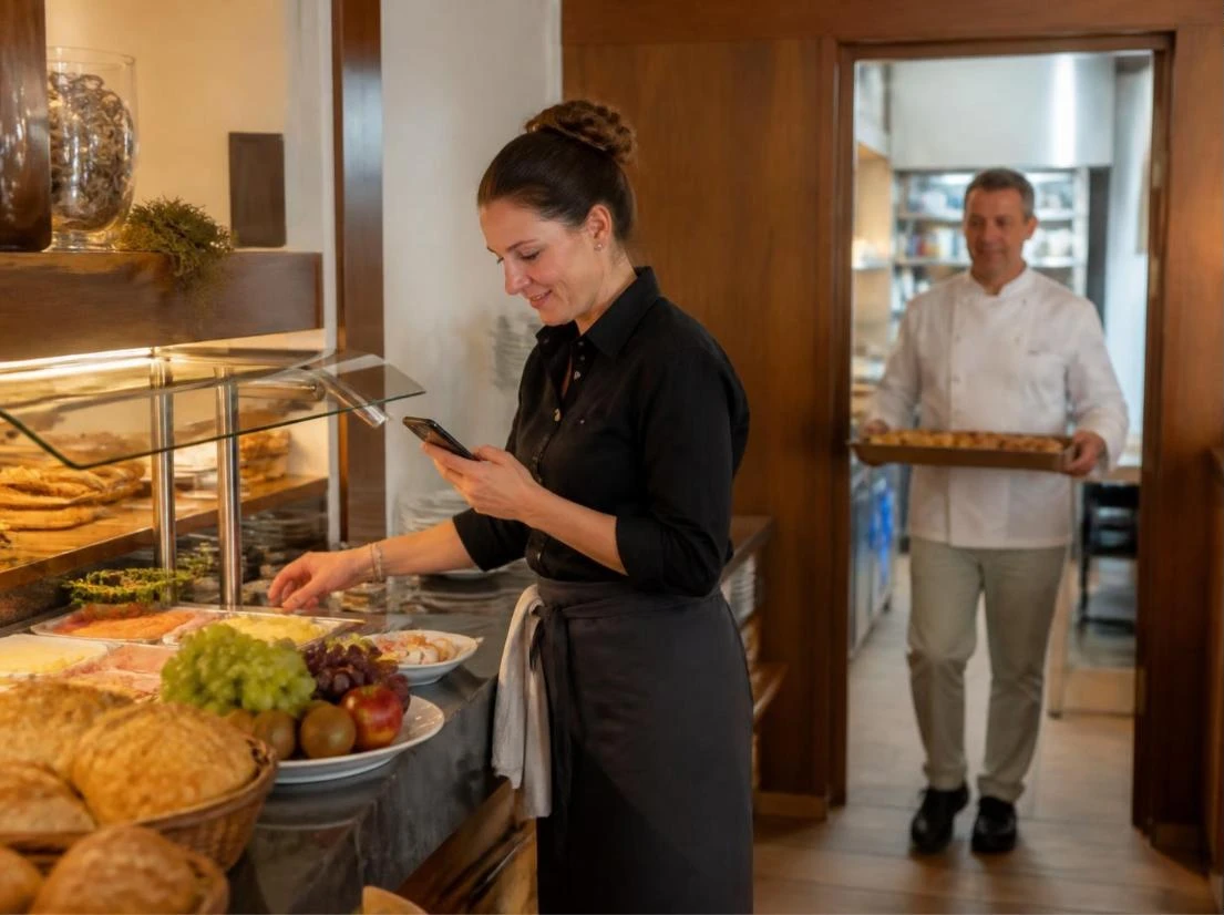 Service employee checks the breakfast buffet, cook brings fresh supplies