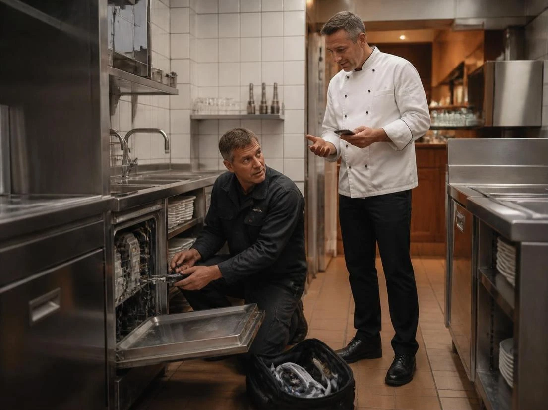 Maintenance technician repairs the dishwasher, head chef with smartphone