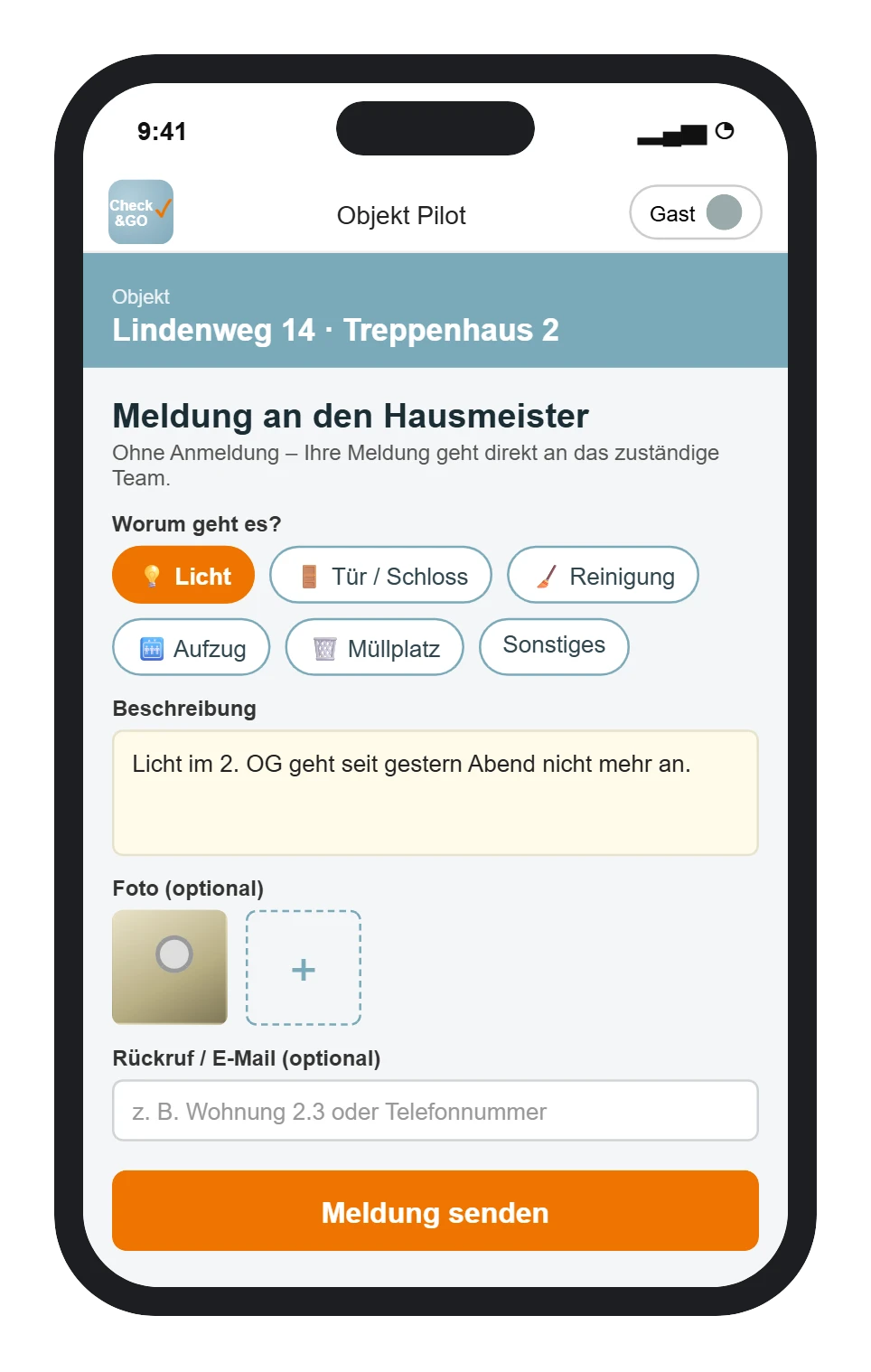 Check&GO Bewohnermeldung am Smartphone (Beispielansicht)
