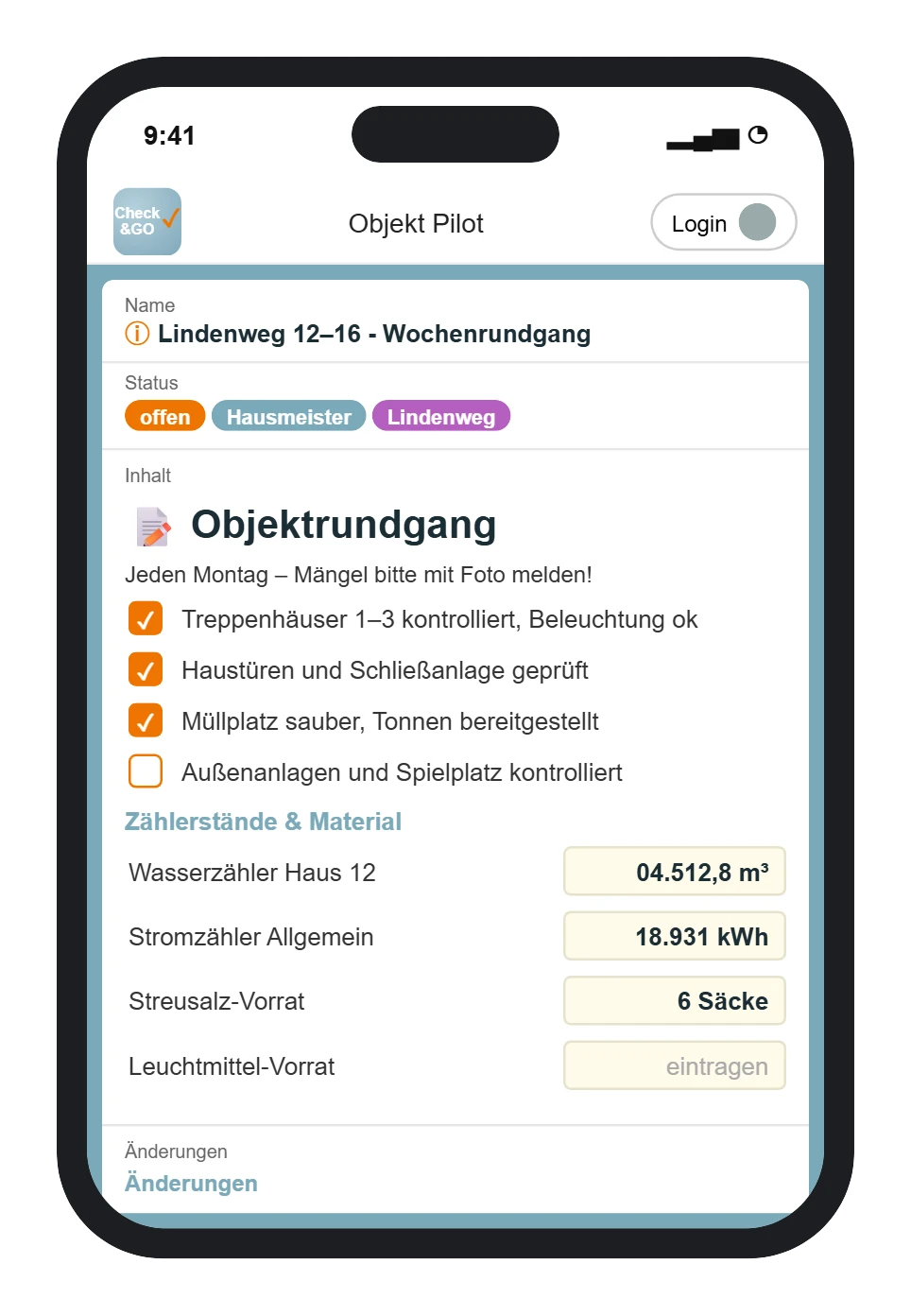 Check&GO Objektrundgang mit Zählerständen (Beispielansicht)