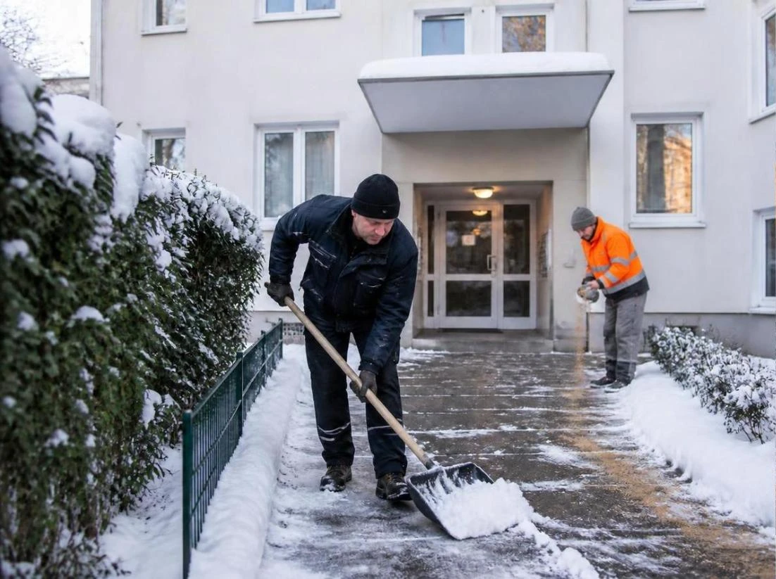 Zwei Hausmeister beim Räumen und Streuen vor einer Wohnanlage
