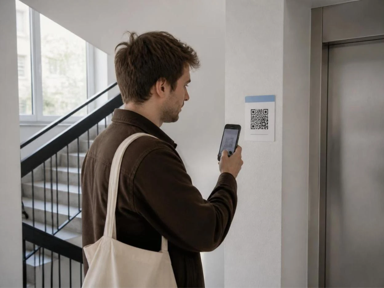 Bewohner scannt den QR-Code im Treppenhaus neben dem Aufzug